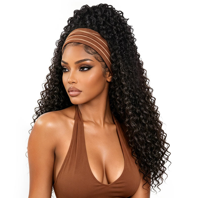 QVR New Water Wave Headband Wig 100% Human Hair Glueless Wigs for Women