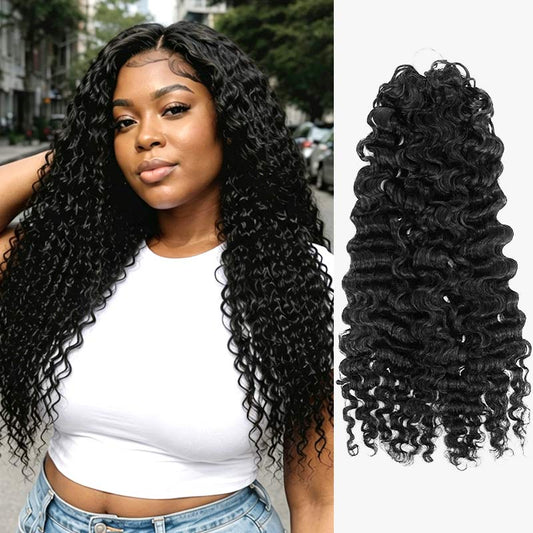 QVR Extensiones de cabello de ganchillo de onda profunda de agua con plumas, cabello humano, negro natural, nudos milagro, tejido de ganchillo