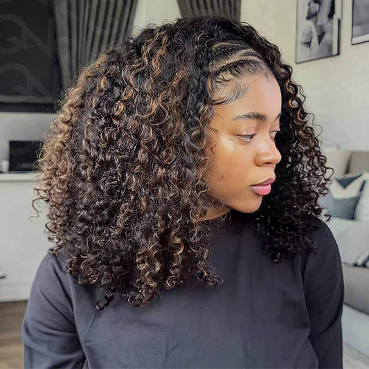 QVR Peluca sin pegamento con reflejos marrones #1B/30 rizada, media peluca con densidad del 250 % de cabello humano para usar y voltear.