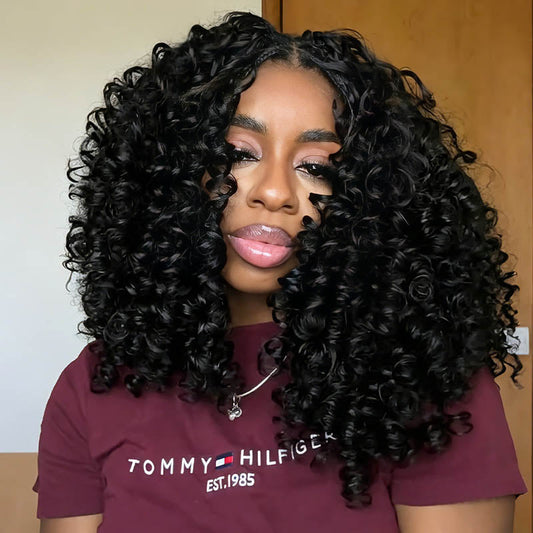 QVR Pelo de ganchillo rizado y voluminoso, negro natural, hecho a máquina, pluma de ganchillo, extensión de cabello humano