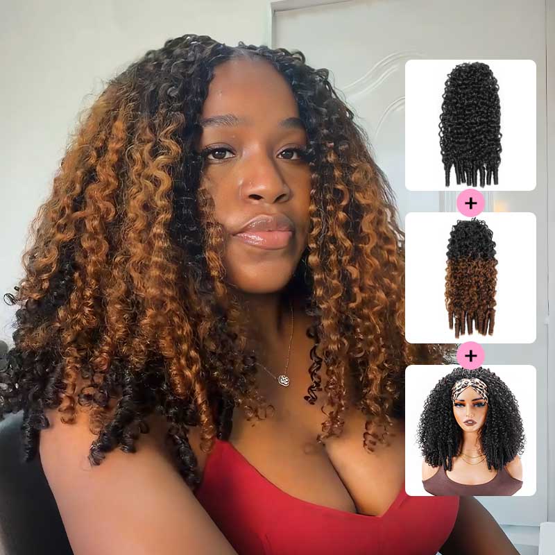 FIXED PRICE|QVR Brown Highlight Miracle Knots X Half Wig Hack Seamless Miracle Braids Human Hair Crochet Weave Hair Extension