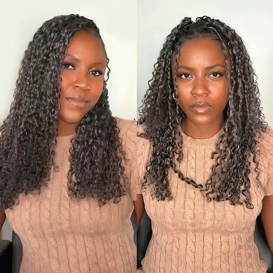 P3G5|Extensiones de cabello rizado burmés de sal y pimienta con tejido de ganchillo tipo pluma