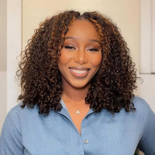 Peluca QVR Invisible Lace Edge Kinky Curly V Part Resaltado #1B/30 Sin Dejar Pelo Humano