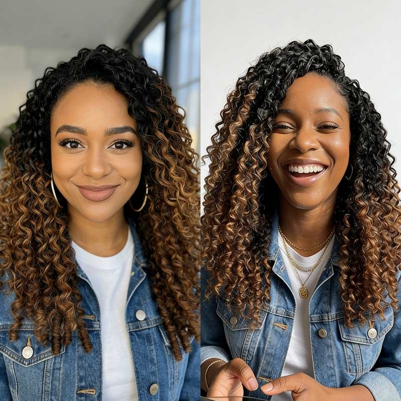 QVR Multi-Weaves Feather Crochet Human Hair Ombre #T1B/30 Curly Machine Made Crochet Weave Hair Extensions