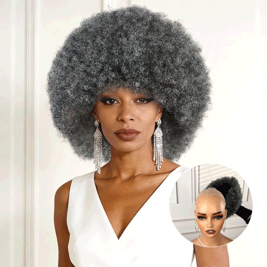 QVR Natural Afro Curly Wigs Salt&Pepper Pixie Cut Short Curly Human Hair Wigs