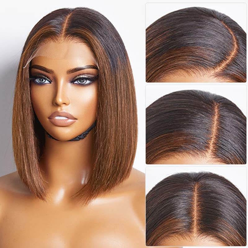 BOGO|Straight Ombre Brown Blunt Cut 4x4 Short Bob Wigs
