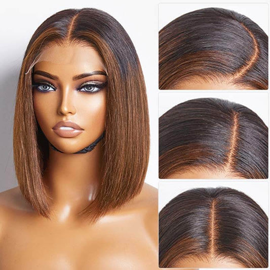 2x1|Pelucas Bob Corto 4x4 con Corte Recto Ombre Marrón y Punta Despuntada