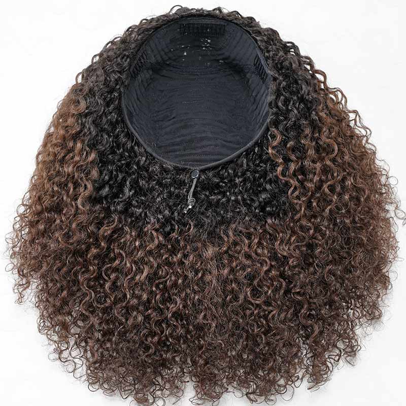 QVR Media peluca retorcida rizada sin pegamento de color marrón oscuro con raíces negras, densidad del 250%, peluca de cabello humano #T1B/4, lista para usar, tipo Flip Over