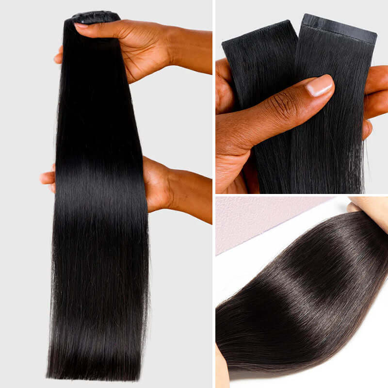 QVR Ombre Brown PU Clip In Hair Extensions Straight Seamless Clip In Human Hair