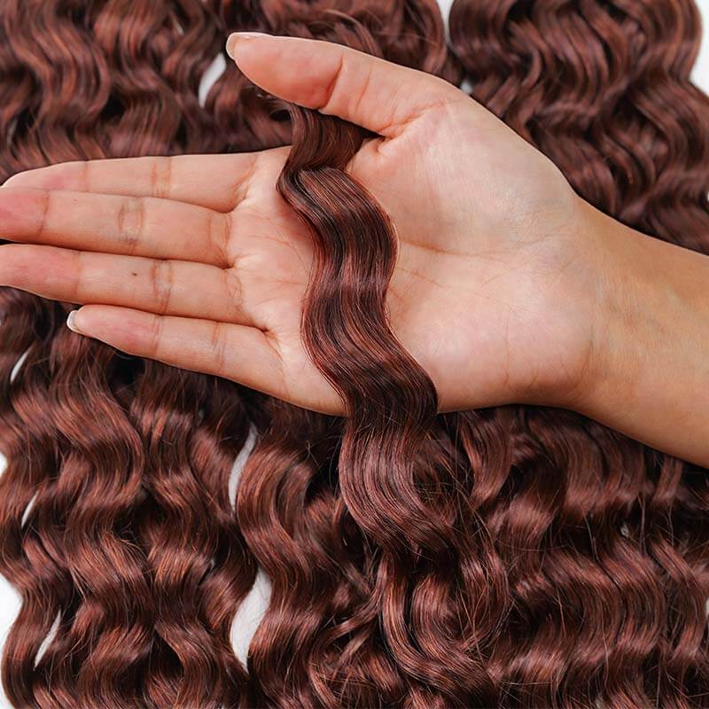 QVR Reddish Brown Human Crochet Hair Water Wave Machine Made #33B Feather Crochet Hairstyle