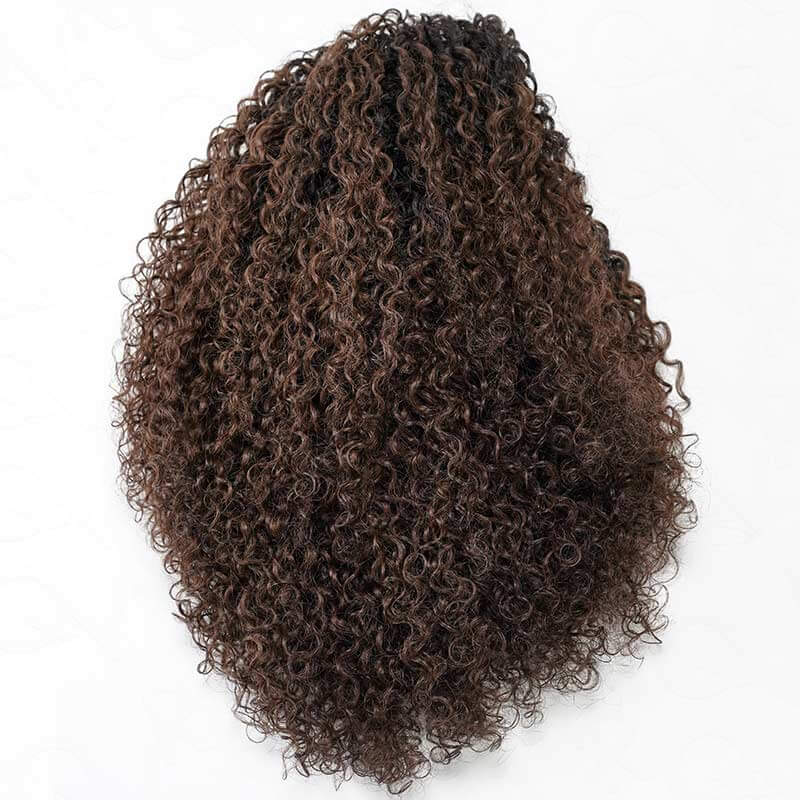 QVR Media peluca retorcida rizada sin pegamento de color marrón oscuro con raíces negras, densidad del 250%, peluca de cabello humano #T1B/4, lista para usar, tipo Flip Over
