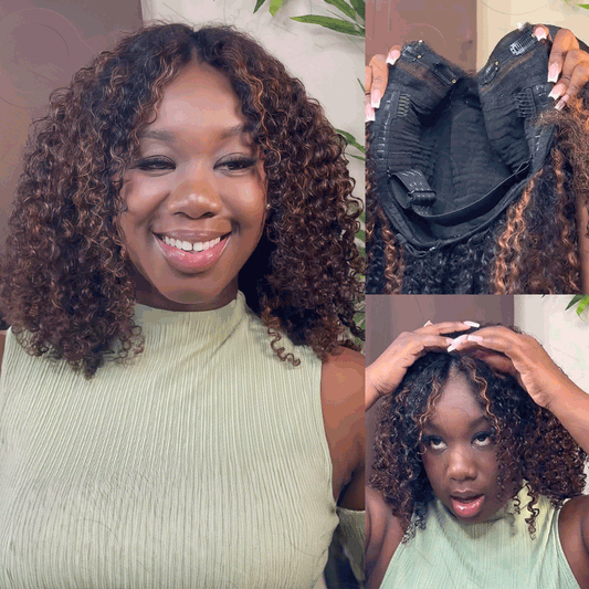 Peluca QVR Invisible Lace Edge Kinky Curly V Part Resaltado #1B/30 Sin Dejar Pelo Humano
