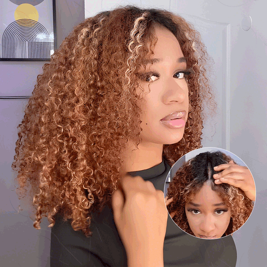 Pelucas con parte en V de encaje invisible Kinky Curly QVR con reflejos #1B/33/30/613, sin dejar cabello natural