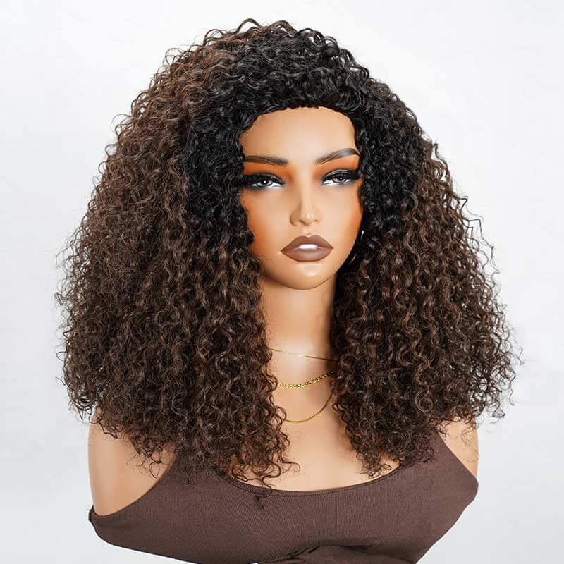 QVR Media peluca retorcida rizada sin pegamento de color marrón oscuro con raíces negras, densidad del 250%, peluca de cabello humano #T1B/4, lista para usar, tipo Flip Over