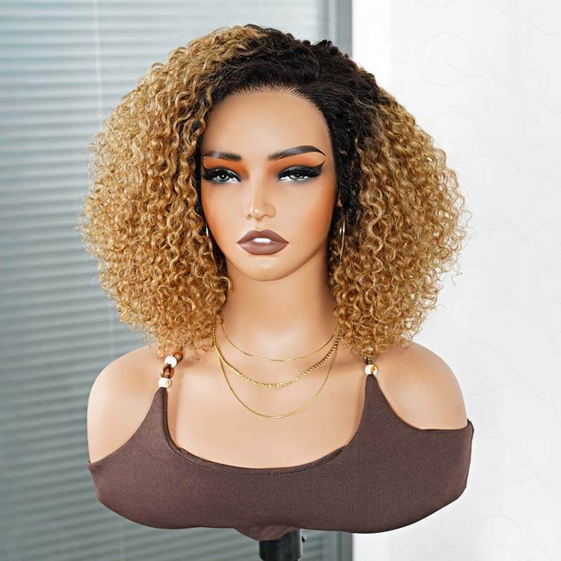 US Only|QVR Ash Blonde Side Part Short Cut Curly Wig