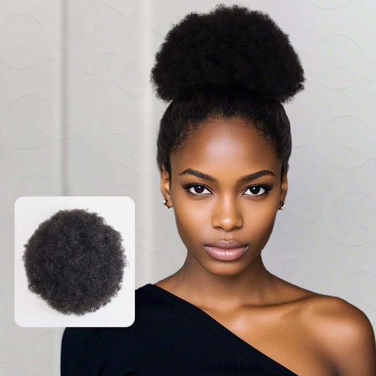 QVR Extensión de coleta con cordón, moño afro, coleta de cabello humano, peinado.