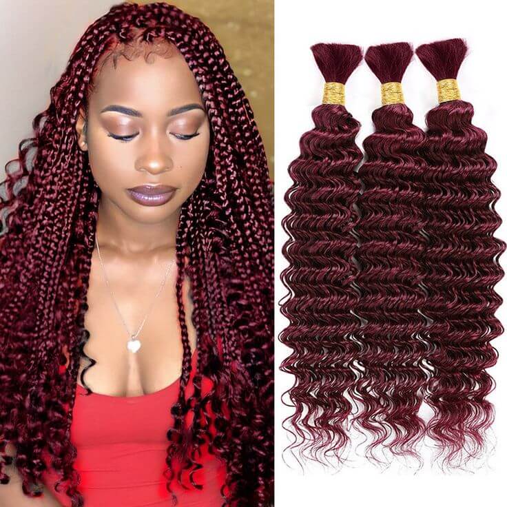 B3G1|QVR Burgundy Deep Wave Bulk Hair Extensions for Boho Knotless Braiding