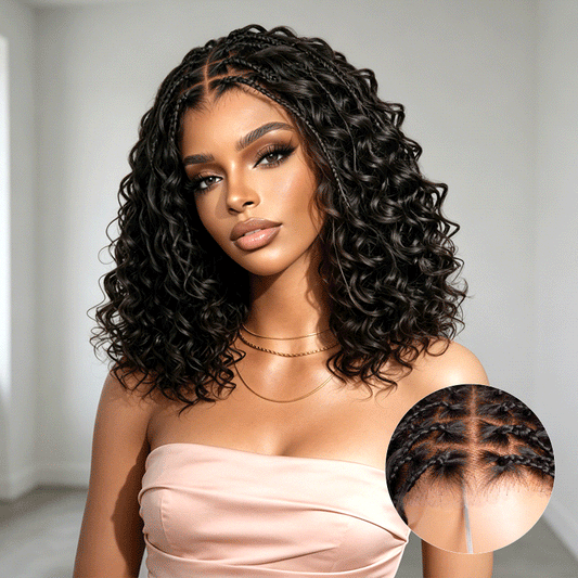 QVR Peluca de Encaje 5x5 Cierre sin Nudos con Trenzas Bohemias y Parte Superior Trenzada, Lista para Usar, Pelucas de Cabello Humano Virgen