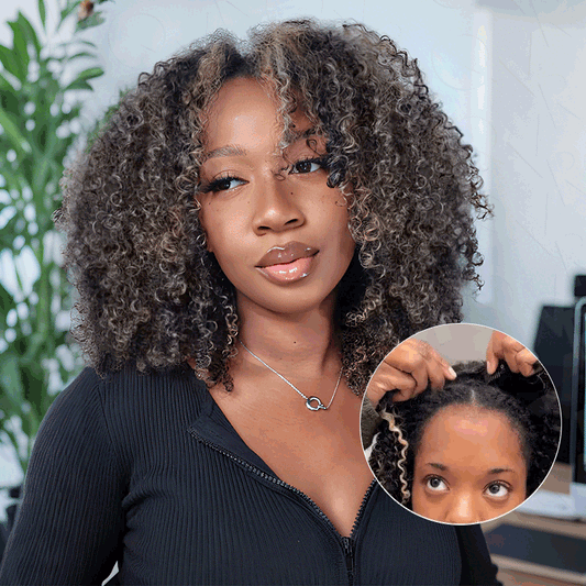 Pelucas QVR Invisible Lace Edge Kinky Curly V Part Resaltadas #1B/27/613 sin mechón de cabello humano