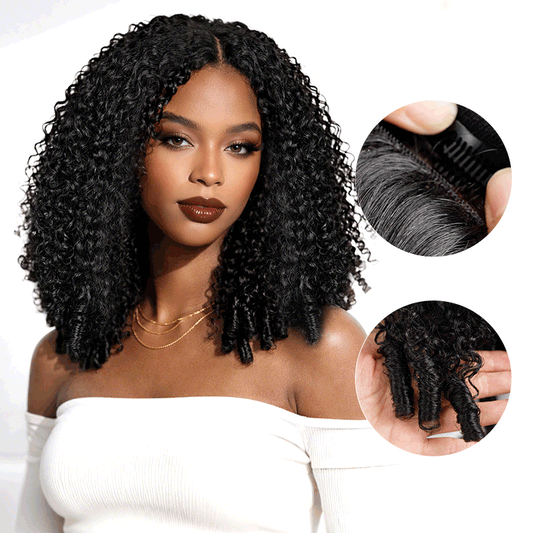 Pelucas de parte en V QVR sin pegamento, rizadas birmanas, negras naturales, borde de encaje invisible, cabello humano