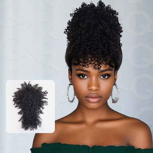 QVR Extensión de coleta con cordón y flequillo, coleta de cabello humano corto y rizado