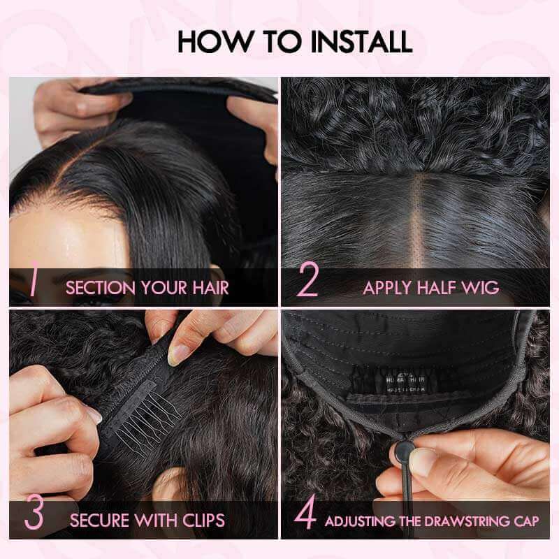 QVR Glueless Kinky Curly Half Wig 250% Density Human Hair Wig Wear Go Flip Over Wig
