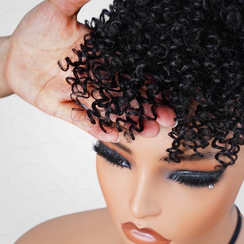 Flash Sale|QVR Drawstring Ponytail Extension With Bangs Short Curly Human Hair