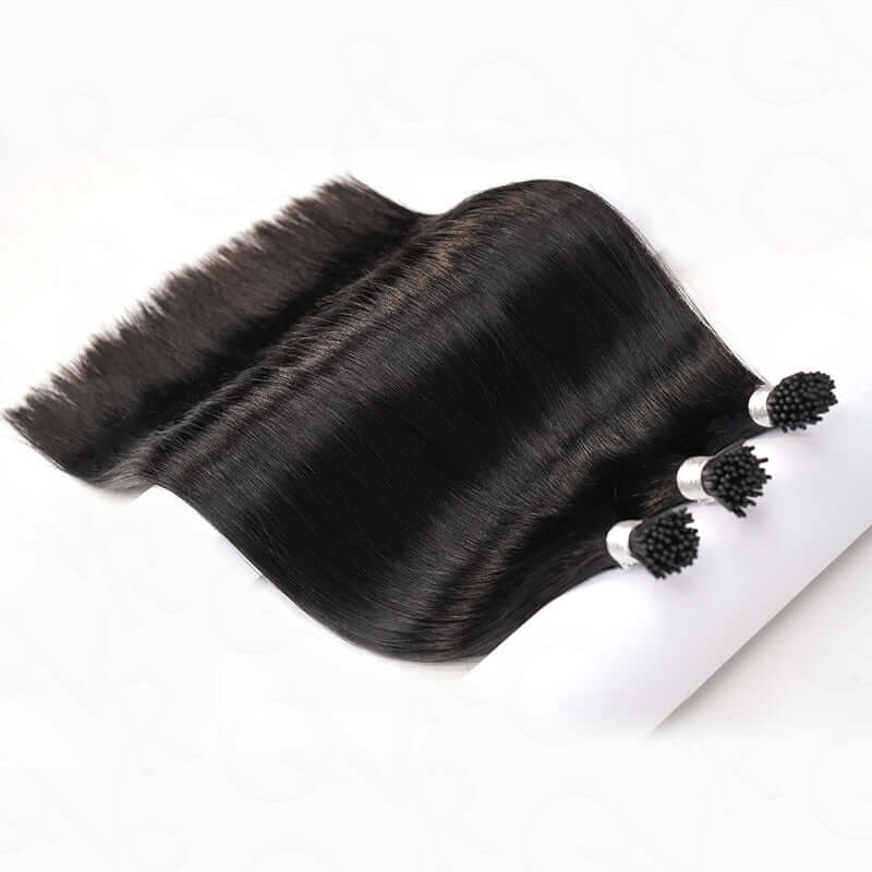 QVR Silk Straight I Tip Hair Extensions Natural Black Human Hair