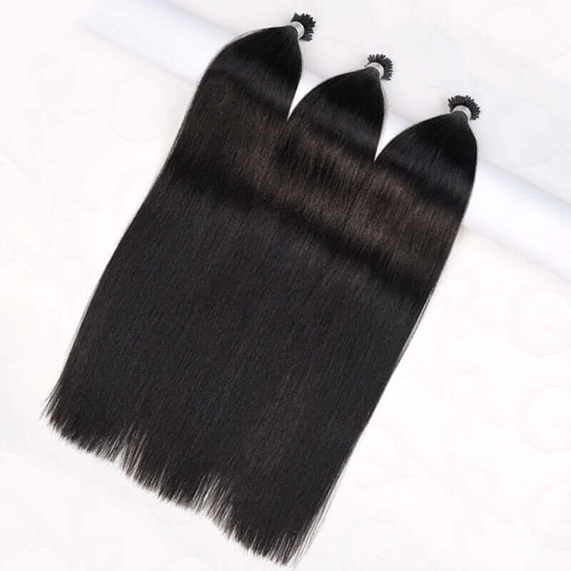 QVR Silk Straight I Tip Hair Extensions Natural Black Human Hair