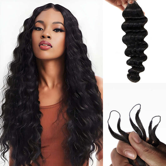 OFERTA FINAL| Extensiones de Cabello Humano de Onda Profunda Suelta con Trenza de Ganchillo de Plumas