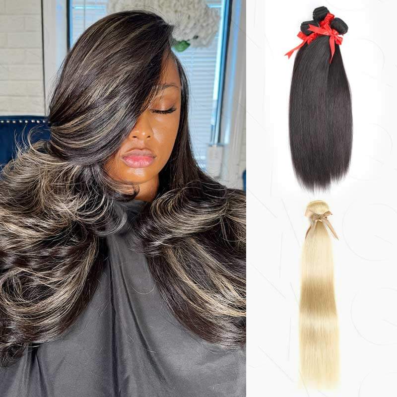 QVR Flawless Straight Human Hair Bundle Black Blonde Highlights Sew In Hair Extensions