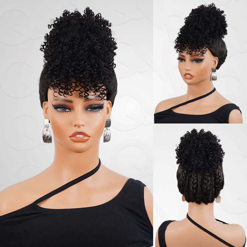 Flash Sale|QVR Drawstring Ponytail Extension With Bangs Short Curly Human Hair